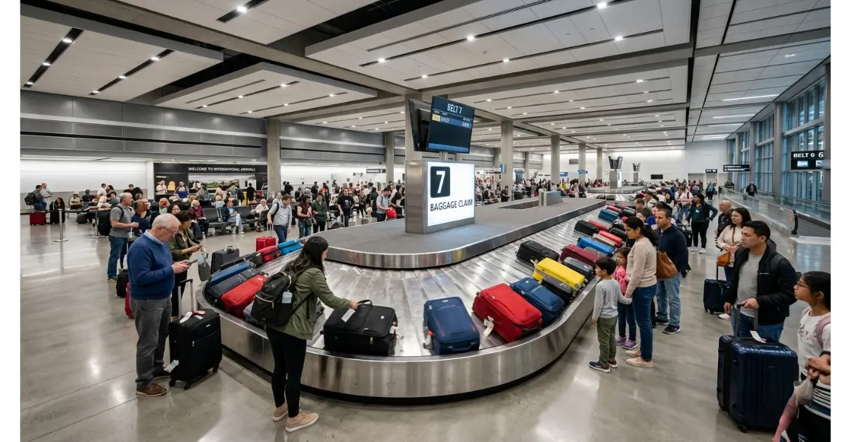 a modern international airport baggage claim hall.